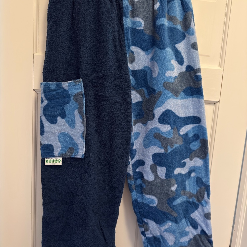 Blue Camouflage towel pants for swimming practice.